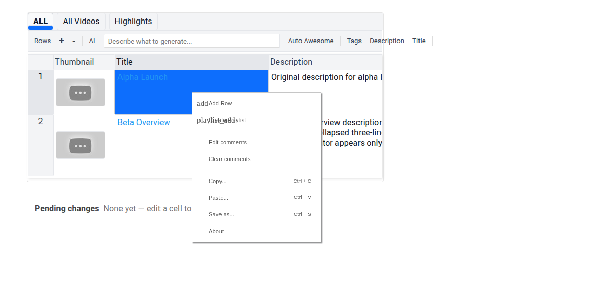 Spreadsheet view showing the Add Video action