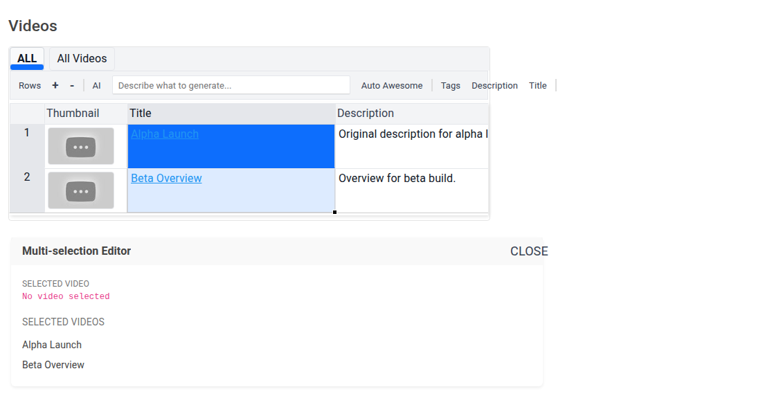 Spreadsheet multi-selection and editor panel